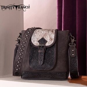 Trinity Ranch genuine hair-on cowhide tooled concealed carry crossbody bag brown